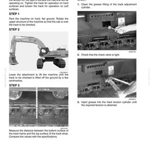 May include: A technical manual page titled Track tension adjustment, featuring black and white diagrams of a Case excavator, step-by-step instructions for maintenance, and illustrations showing the use of a grease gun on the track cylinder.