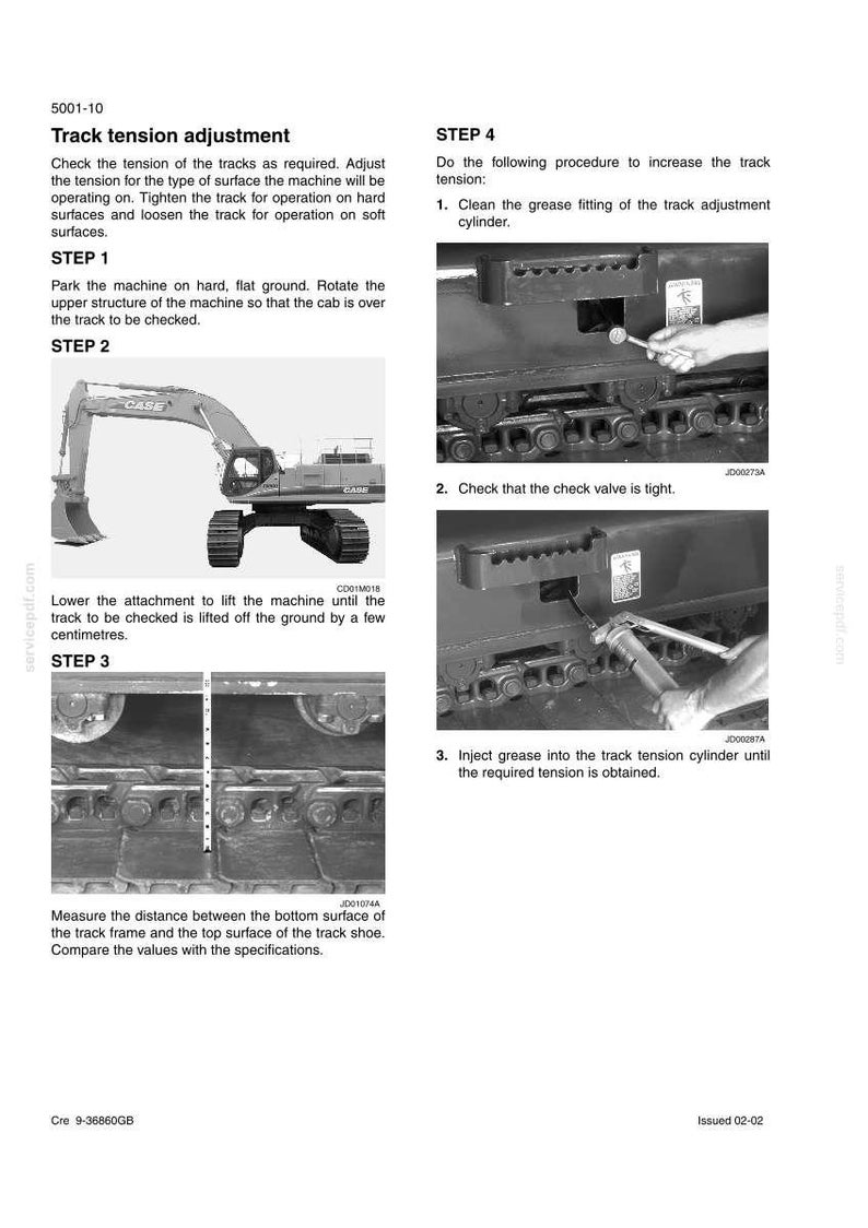 May include: A technical manual page titled Track tension adjustment, featuring black and white diagrams of a Case excavator, step-by-step instructions for maintenance, and illustrations showing the use of a grease gun on the track cylinder.