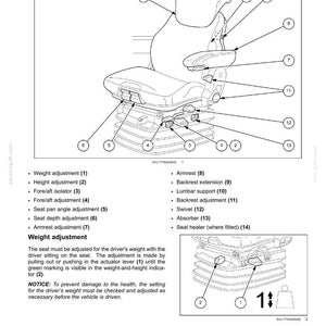 May include: A technical diagram of an air suspension seat deluxe, featuring numbered callouts for weight adjustment, height, fore/aft isolator, fore/aft adjustment, seat pan angle, seat depth, armrest, backrest extension, lumbar support, swivel, and heater.