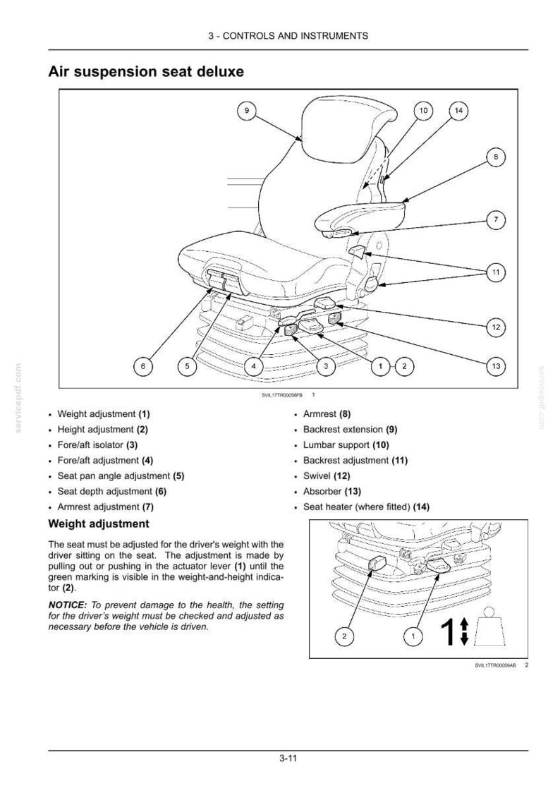 May include: A technical diagram of an air suspension seat deluxe, featuring numbered callouts for weight adjustment, height, fore/aft isolator, fore/aft adjustment, seat pan angle, seat depth, armrest, backrest extension, lumbar support, swivel, and heater.