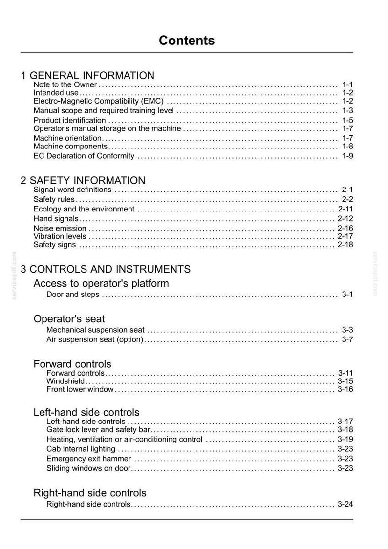May include: A detailed table of contents from a manual, with sections on general information, safety, and controls. The text is black on a white background, with section titles and page numbers.