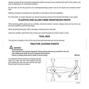 May include: A technical document page titled LUBRICATION/MAINTENANCE containing instructions on environmental issues, cleaning plastic and glass fibre reinforced parts, tool box location, and a warning regarding tractor jacking points with a diagram.
