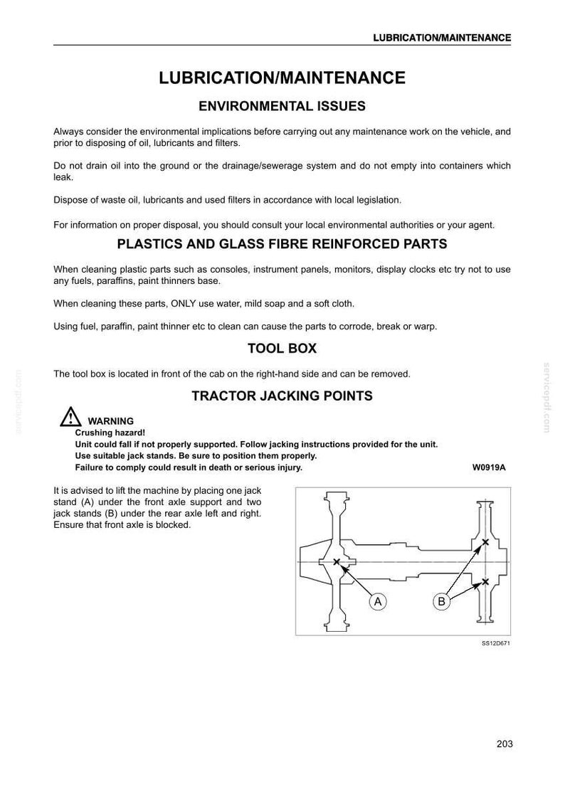 May include: A technical document page titled LUBRICATION/MAINTENANCE containing instructions on environmental issues, cleaning plastic and glass fibre reinforced parts, tool box location, and a warning regarding tractor jacking points with a diagram.