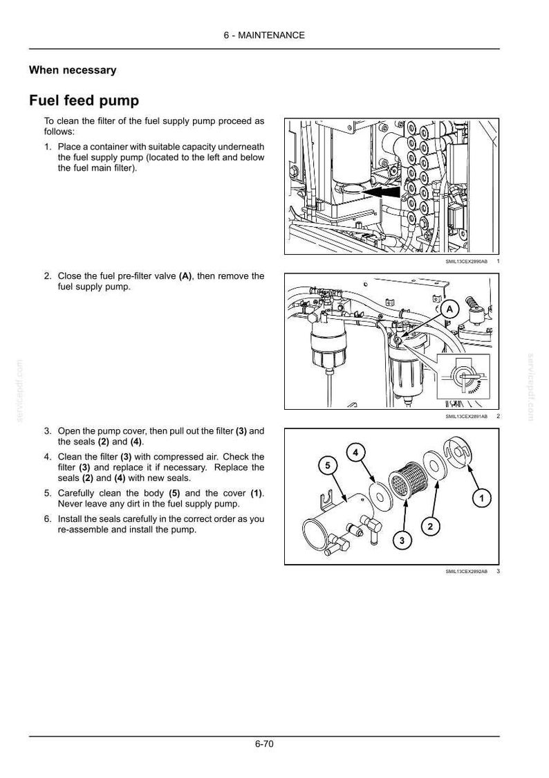 May include: Diagram of a fuel feed pump maintenance procedure. The image shows steps for cleaning and replacing the filter and seals. Includes exploded view of pump components with numbered labels for easy identification.