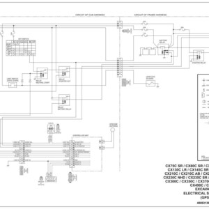 May include: An excavator electrical schematic diagram with a complex network of lines, symbols, and components. The diagram includes text labels and a legend, with a list of excavator models at the bottom.