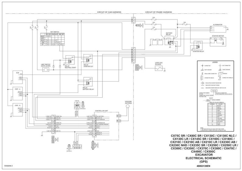 May include: An excavator electrical schematic diagram with a complex network of lines, symbols, and components. The diagram includes text labels and a legend, with a list of excavator models at the bottom.
