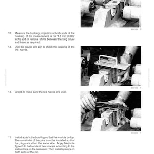 May include: Technical manual page with images and instructions for wheel and track maintenance. Includes steps for pressing bushings, measuring projections, checking spacing, and leveling link halves. Text includes measurements in inches.