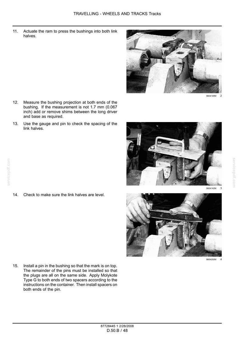 May include: Technical manual page with images and instructions for wheel and track maintenance. Includes steps for pressing bushings, measuring projections, checking spacing, and leveling link halves. Text includes measurements in inches.