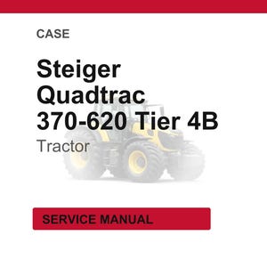 May include: A white background with the text "CASE" at the top, followed by "Steiger Quadtrac 370-620 Tier 4B Tractor." A red rectangle at the bottom reads "SERVICE MANUAL." A tractor is visible in the background.