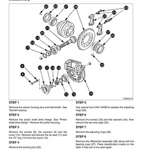May include: Diagram of a bevel gear assembly with numbered parts and disassembly steps. The image includes various gears, screws, washers, and other mechanical components, with text labels and instructions.