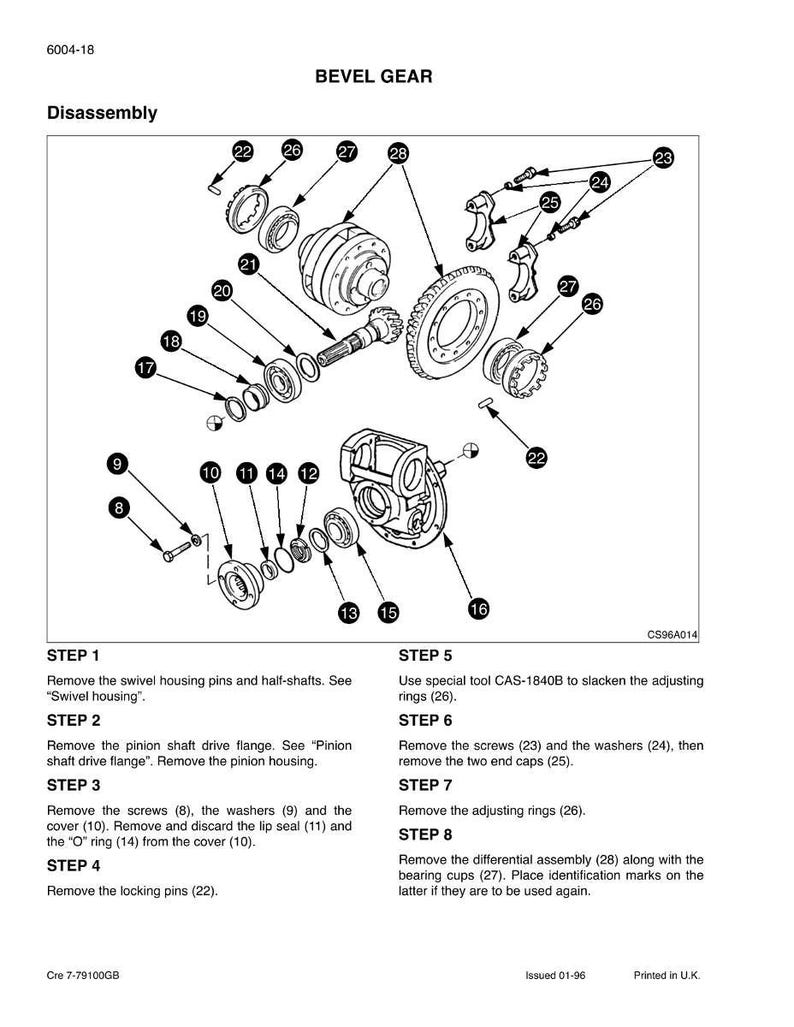 May include: Diagram of a bevel gear assembly with numbered parts and disassembly steps. The image includes various gears, screws, washers, and other mechanical components, with text labels and instructions.