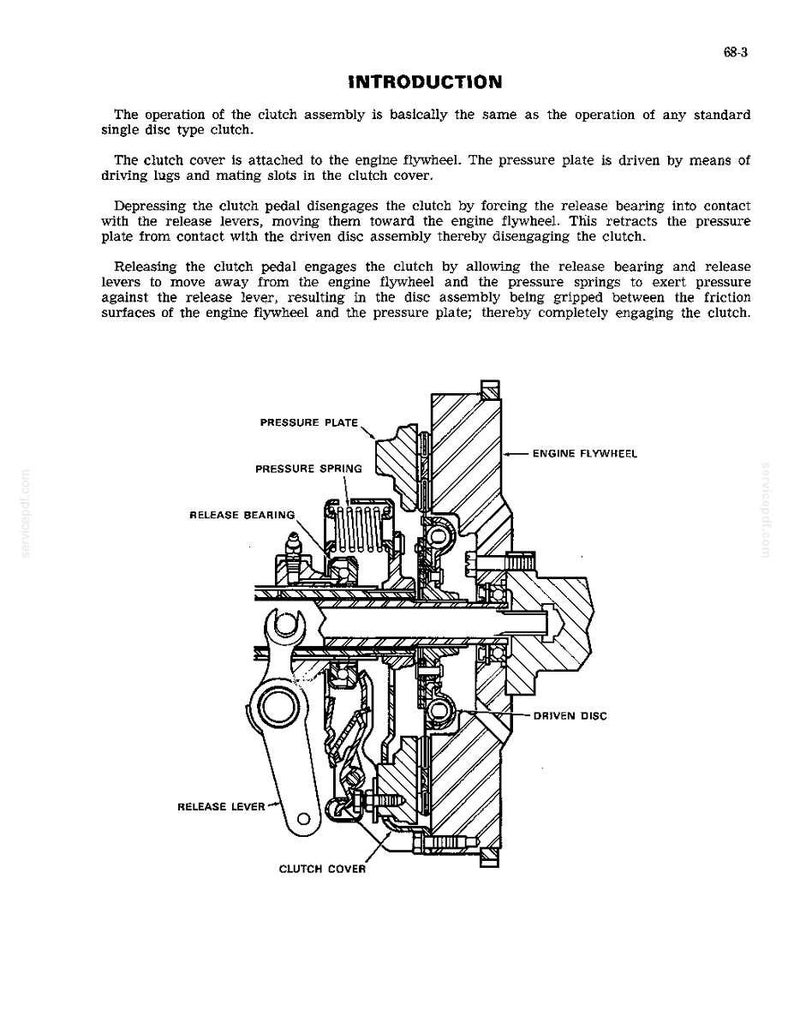 May include: Diagram of a clutch assembly with labels including "Pressure Plate," "Engine Flywheel," and "Release Lever." The image is a technical illustration with detailed mechanical components and text describing the clutch's operation.