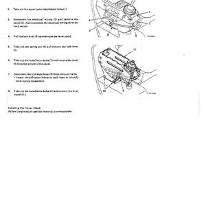 May include: A technical manual page titled SYSTEMS CONTROL SYSTEM, detailing the disassembly and assembly of a lever stand. It features two black and white line drawings of mechanical components with numbered parts and an eight-step instruction list.