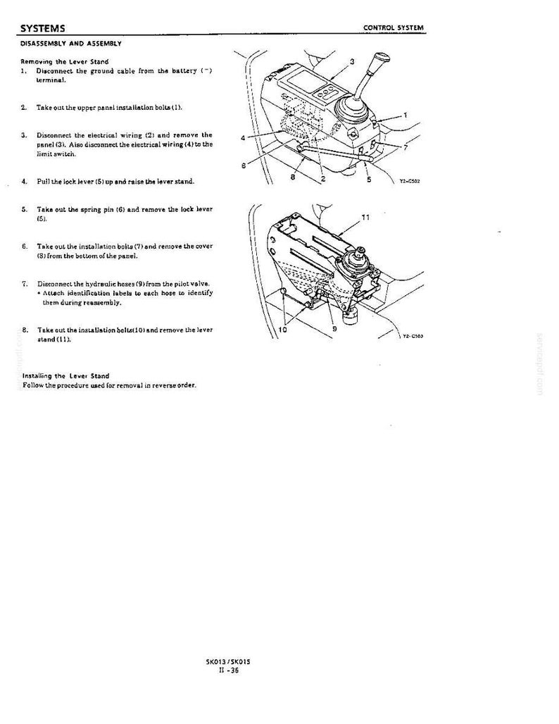 May include: A technical manual page titled SYSTEMS CONTROL SYSTEM, detailing the disassembly and assembly of a lever stand. It features two black and white line drawings of mechanical components with numbered parts and an eight-step instruction list.