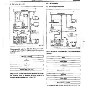 May include: A technical document page titled ENGINE ELECTRICAL - GENERAL 16, featuring two detailed wiring diagrams for manual engine stop and run-on type systems, including flowcharts, component labels like solenoid relay, and text descriptions.