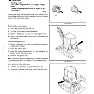 Puede incluir: Diagrama de los compartimentos y puertas de acceso a la m&aacute;quina con instrucciones. Incluye una advertencia sobre las piezas giratorias y la necesidad de apagar el motor. Instrucciones para desbloquear y bloquear la puerta del motor y la cubierta lateral.