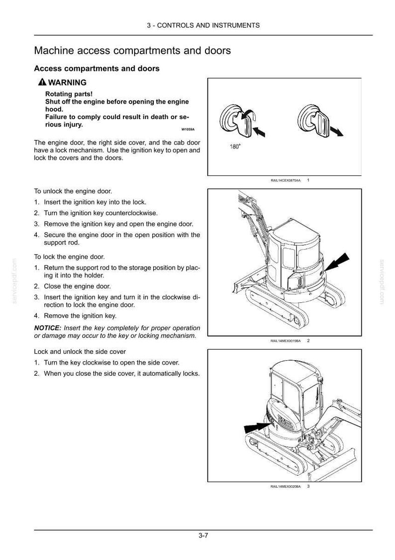 Puede incluir: Diagrama de los compartimentos y puertas de acceso a la m&aacute;quina con instrucciones. Incluye una advertencia sobre las piezas giratorias y la necesidad de apagar el motor. Instrucciones para desbloquear y bloquear la puerta del motor y la cubierta lateral.