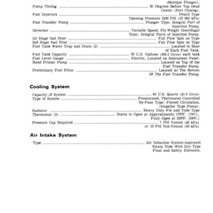 May include: A detailed technical diagram of a fuel and cooling system, including fuel injection pump, fuel tank capacity, and radiator specifications. The text is in black on a white background.