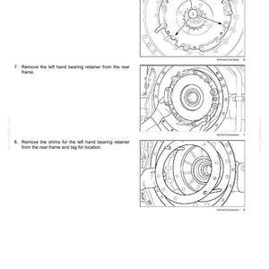 May include: Diagram of a rear axle system with a rear bevel gear set and differential. The image shows detailed illustrations of the removal of mounting bolts, bearing retainers, and shims. Text instructions accompany each step, providing a visual guide for automotive repair.