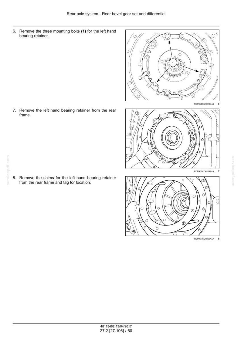 May include: Diagram of a rear axle system with a rear bevel gear set and differential. The image shows detailed illustrations of the removal of mounting bolts, bearing retainers, and shims. Text instructions accompany each step, providing a visual guide for automotive repair.