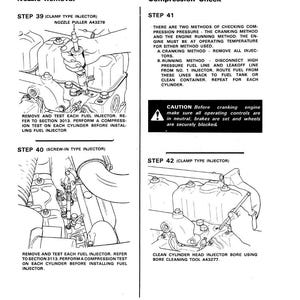 May include: Diagram of engine components with instructions for nozzle removal and compression checks. Includes steps for removing and testing fuel injectors, with cautions about engine operation. Features detailed illustrations and text.