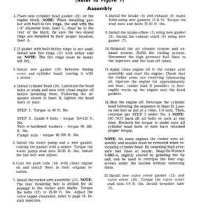 May include: A page from a manual detailing the assembly of cylinder head components. Instructions include installing gaskets, tightening bolts, and torquing nuts. Text and diagrams provide guidance for engine maintenance and repair.