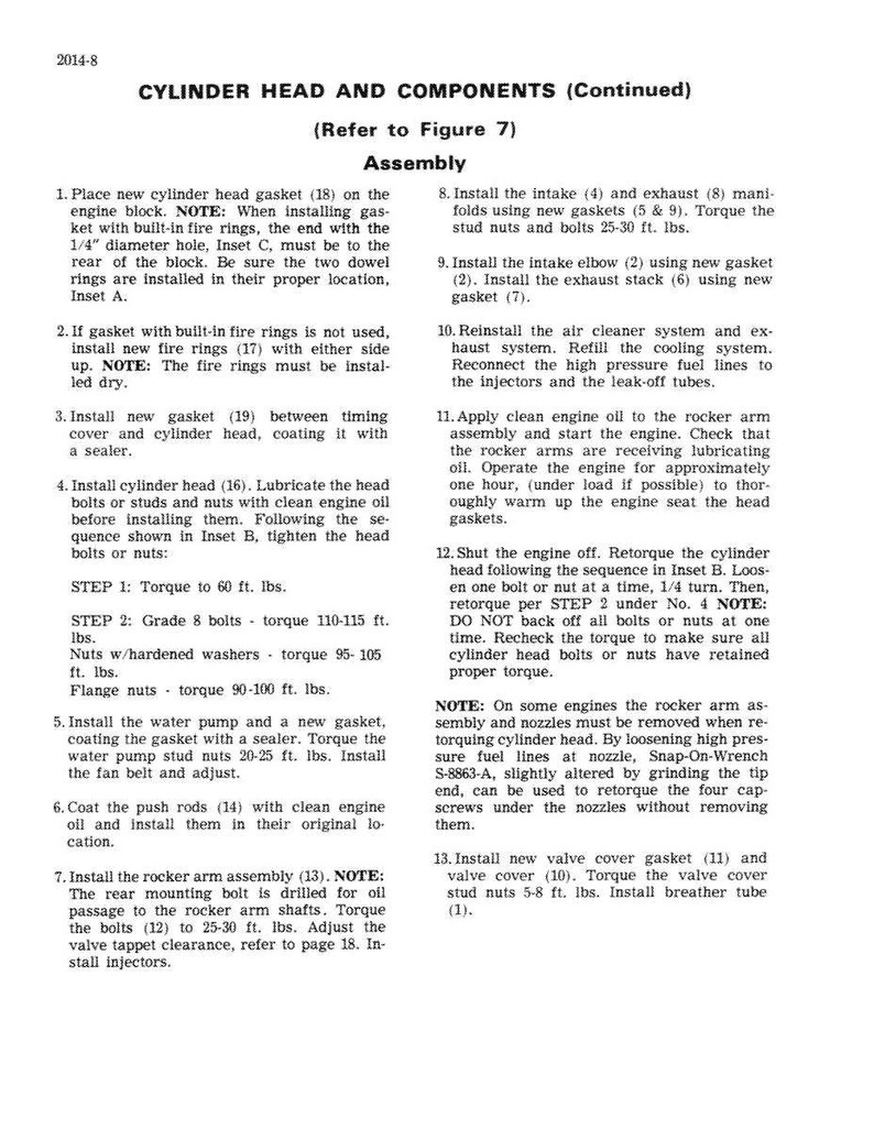May include: A page from a manual detailing the assembly of cylinder head components. Instructions include installing gaskets, tightening bolts, and torquing nuts. Text and diagrams provide guidance for engine maintenance and repair.