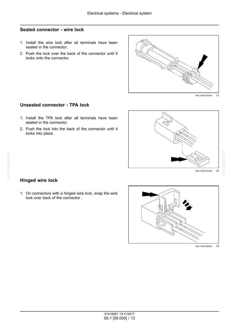 May include: Diagrams illustrating electrical connector assembly. Includes instructions for sealed wire lock, unsealed TPA lock, and hinged wire lock connectors. Text includes steps for installation and locking mechanisms.