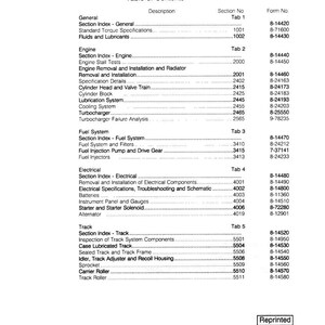 May include: A service manual for a 650 Crawler, featuring a table of contents with sections on the engine, fuel system, electrical components, and track. The manual includes a list of topics with section numbers and form numbers. Copyright 1992.
