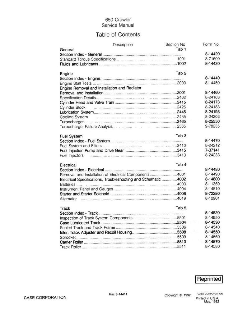 May include: A service manual for a 650 Crawler, featuring a table of contents with sections on the engine, fuel system, electrical components, and track. The manual includes a list of topics with section numbers and form numbers. Copyright 1992.