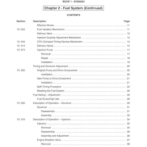 May include: A page from a manual titled "SECTION 10 - ENGINE" with a table of contents for Chapter 2, Fuel System. The table lists sections like "Delivery Valve" and "Injection Pump" with corresponding page numbers.