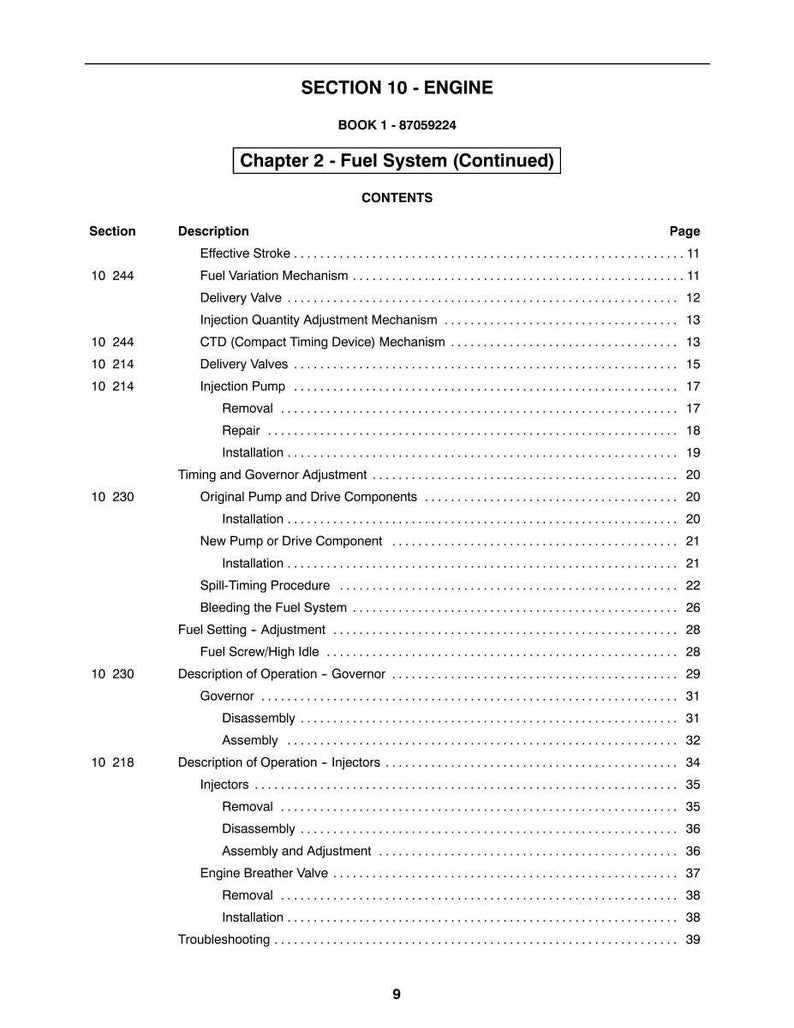 May include: A page from a manual titled "SECTION 10 - ENGINE" with a table of contents for Chapter 2, Fuel System. The table lists sections like "Delivery Valve" and "Injection Pump" with corresponding page numbers.
