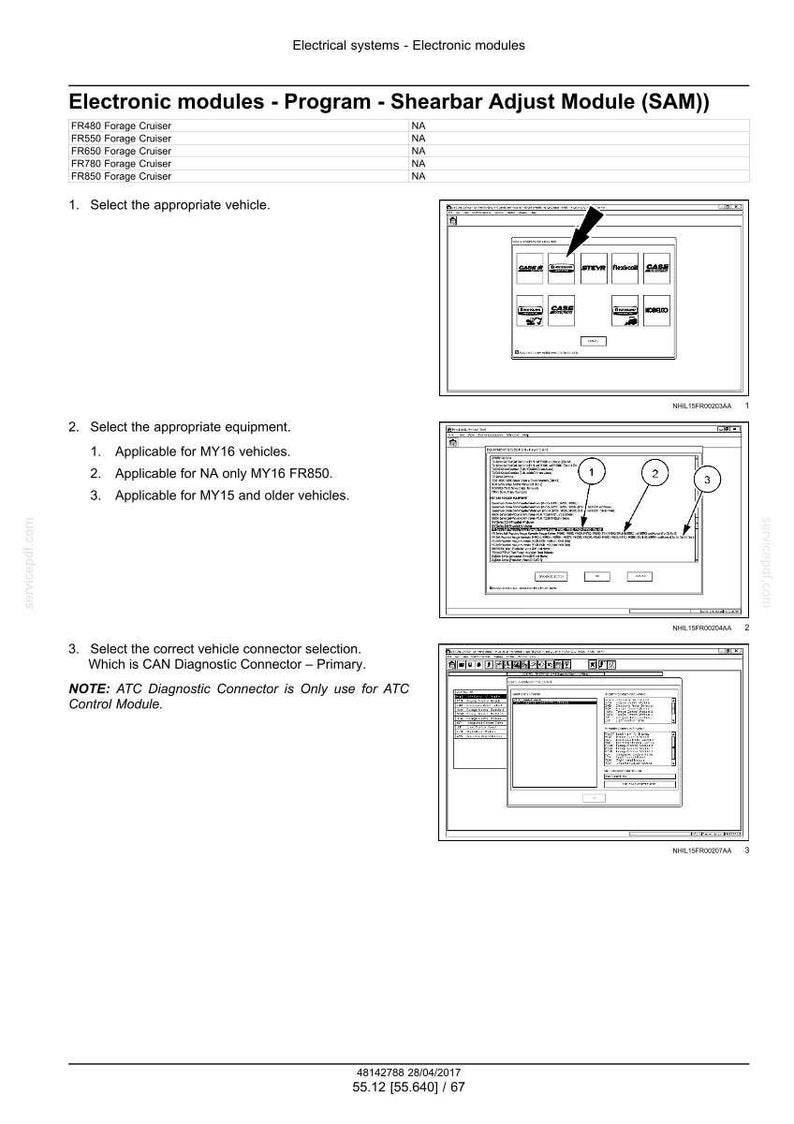 May include: Diagram of an electronic module program with instructions. The document includes screenshots of software interfaces with numbered steps and arrows. Text includes "Electronic modules - Program - Shearbar Adjust Module (SAM)".
