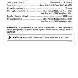 May include: A page from a manual detailing transmission service specifications. Includes information on refill capacity, oil type, and intervals for oil level checks, filter replacement, and oil changes. A warning is also present.