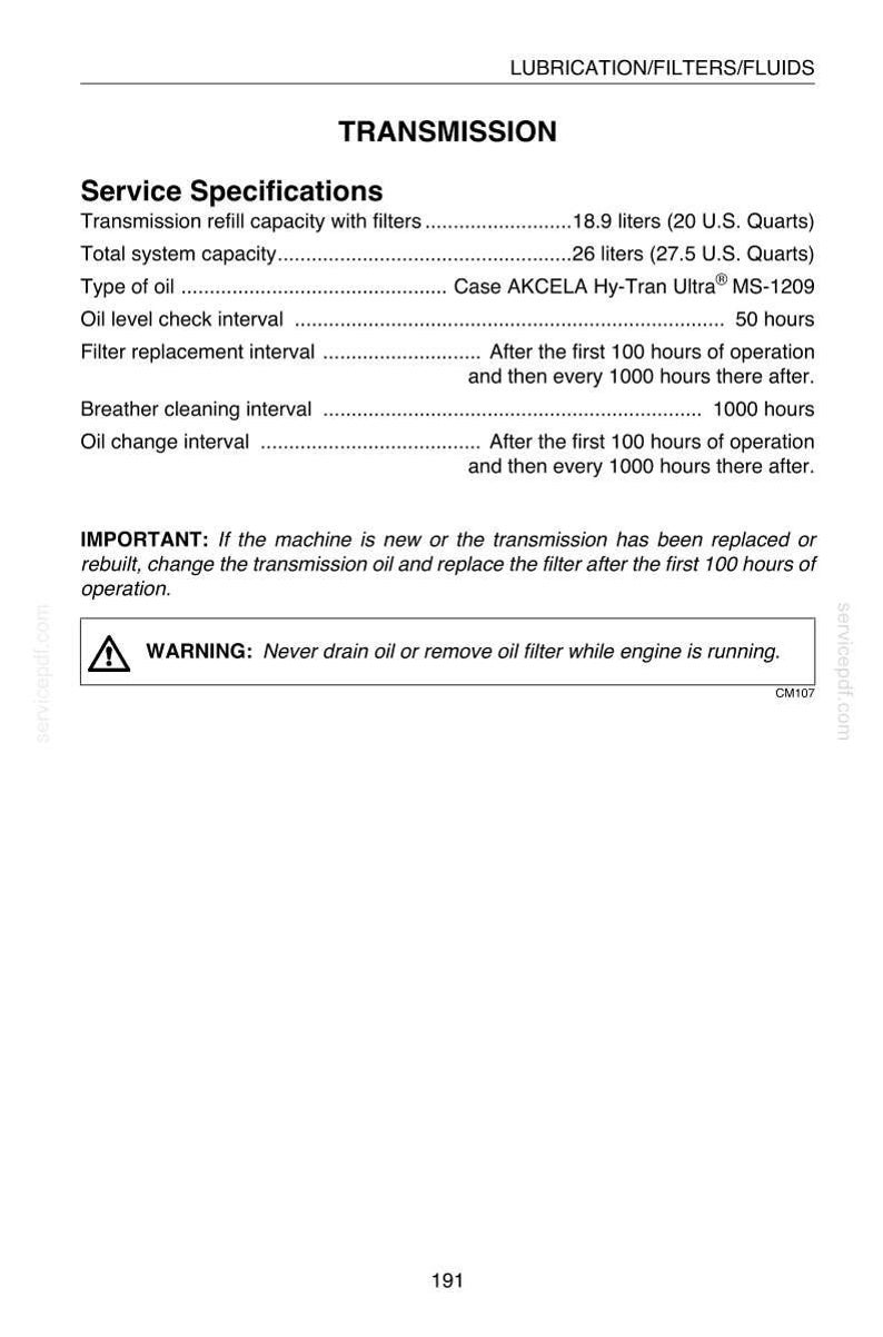 May include: A page from a manual detailing transmission service specifications. Includes information on refill capacity, oil type, and intervals for oil level checks, filter replacement, and oil changes. A warning is also present.