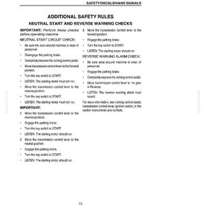 Puede incluir: Una p&aacute;gina blanca con texto negro que detalla las reglas de seguridad para una m&aacute;quina. El texto incluye instrucciones para las comprobaciones de arranque en punto muerto y de advertencia de marcha atr&aacute;s, con pasos para el funcionamiento y precauciones de seguridad.