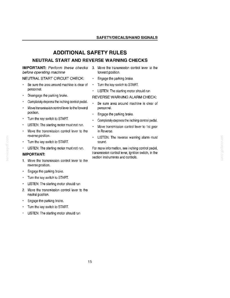 Puede incluir: Una p&aacute;gina blanca con texto negro que detalla las reglas de seguridad para una m&aacute;quina. El texto incluye instrucciones para las comprobaciones de arranque en punto muerto y de advertencia de marcha atr&aacute;s, con pasos para el funcionamiento y precauciones de seguridad.