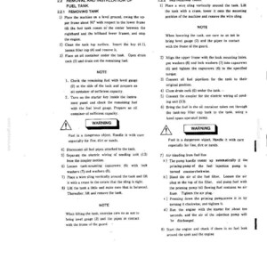 May include: A technical document page titled Removal and Installation of Fuel Tank, featuring numbered instructions for removing and installing a fuel tank on machinery. The text includes safety warnings, notes, and technical steps for maintenance.