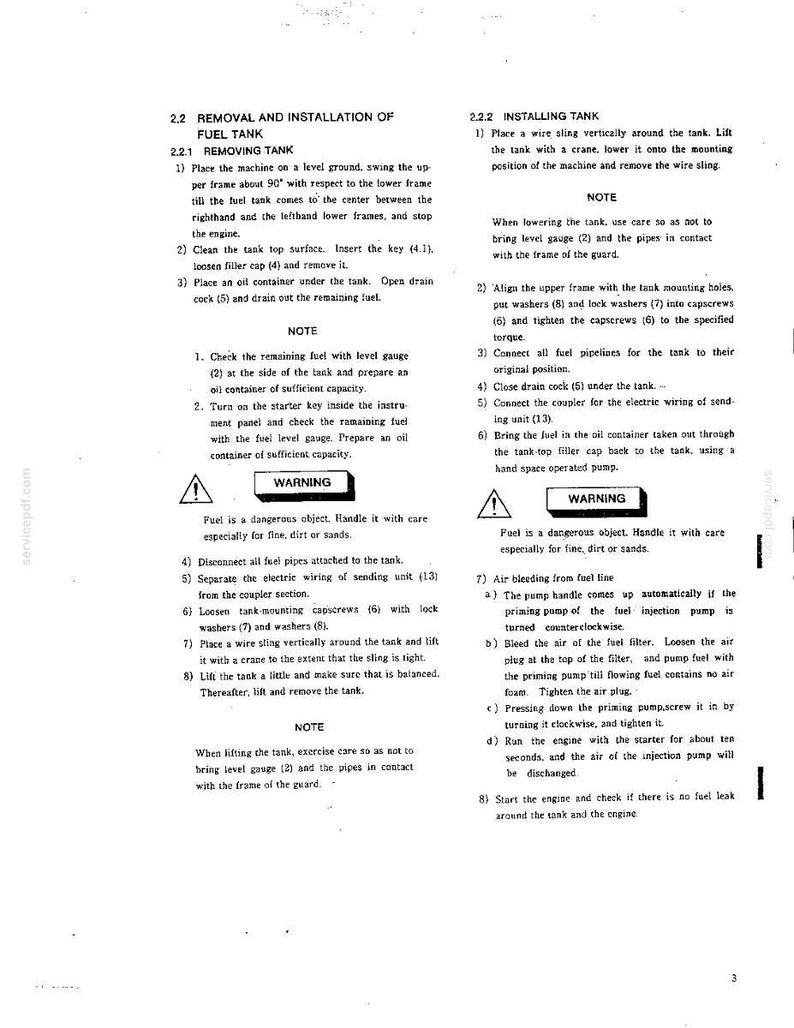 May include: A technical document page titled Removal and Installation of Fuel Tank, featuring numbered instructions for removing and installing a fuel tank on machinery. The text includes safety warnings, notes, and technical steps for maintenance.
