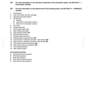 May include: A page from a manual detailing the pneumo-hydraulic braking system. The text includes a list of components such as compressors, tanks, and actuators. Section 12 is highlighted, with safety instructions at the bottom.