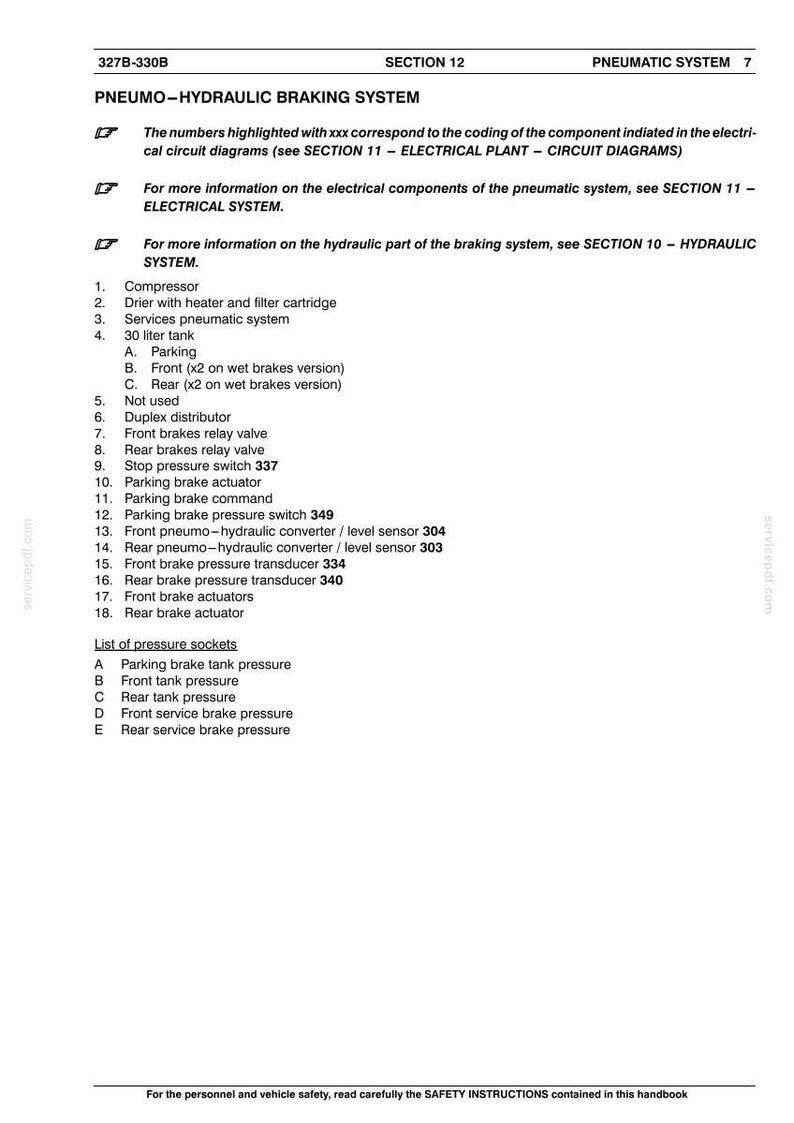 May include: A page from a manual detailing the pneumo-hydraulic braking system. The text includes a list of components such as compressors, tanks, and actuators. Section 12 is highlighted, with safety instructions at the bottom.
