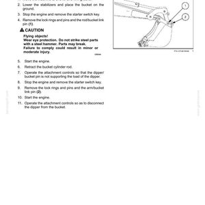 May include: Diagram from a manual showing the backhoe bucket removal process. The image includes a diagram of the bucket linkage attachment with numbered parts and instructions. Text includes safety warnings and operational steps.