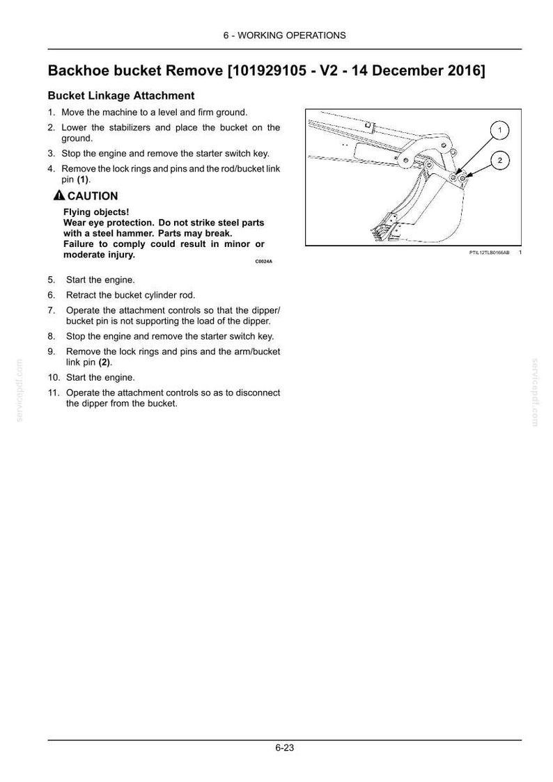 May include: Diagram from a manual showing the backhoe bucket removal process. The image includes a diagram of the bucket linkage attachment with numbered parts and instructions. Text includes safety warnings and operational steps.