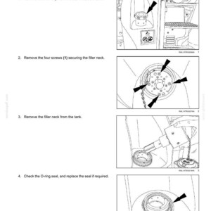 May include: A technical manual page titled Diesel Exhaust Fluid (DEF)/AdBlue tank, detailing the maintenance steps for cleaning the filter in the filler cap. It includes four black and white line drawings illustrating the removal of the cap, screws, filler neck, and O-ring seal.