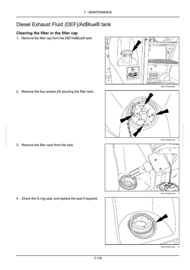 May include: A technical manual page titled Diesel Exhaust Fluid (DEF)/AdBlue tank, detailing the maintenance steps for cleaning the filter in the filler cap. It includes four black and white line drawings illustrating the removal of the cap, screws, filler neck, and O-ring seal.