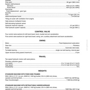 May include: A detailed specification sheet for a hydraulic system, including information on main pumps, control valves, swing mechanisms, travel speeds, and weights. Measurements are provided in both imperial and metric units.