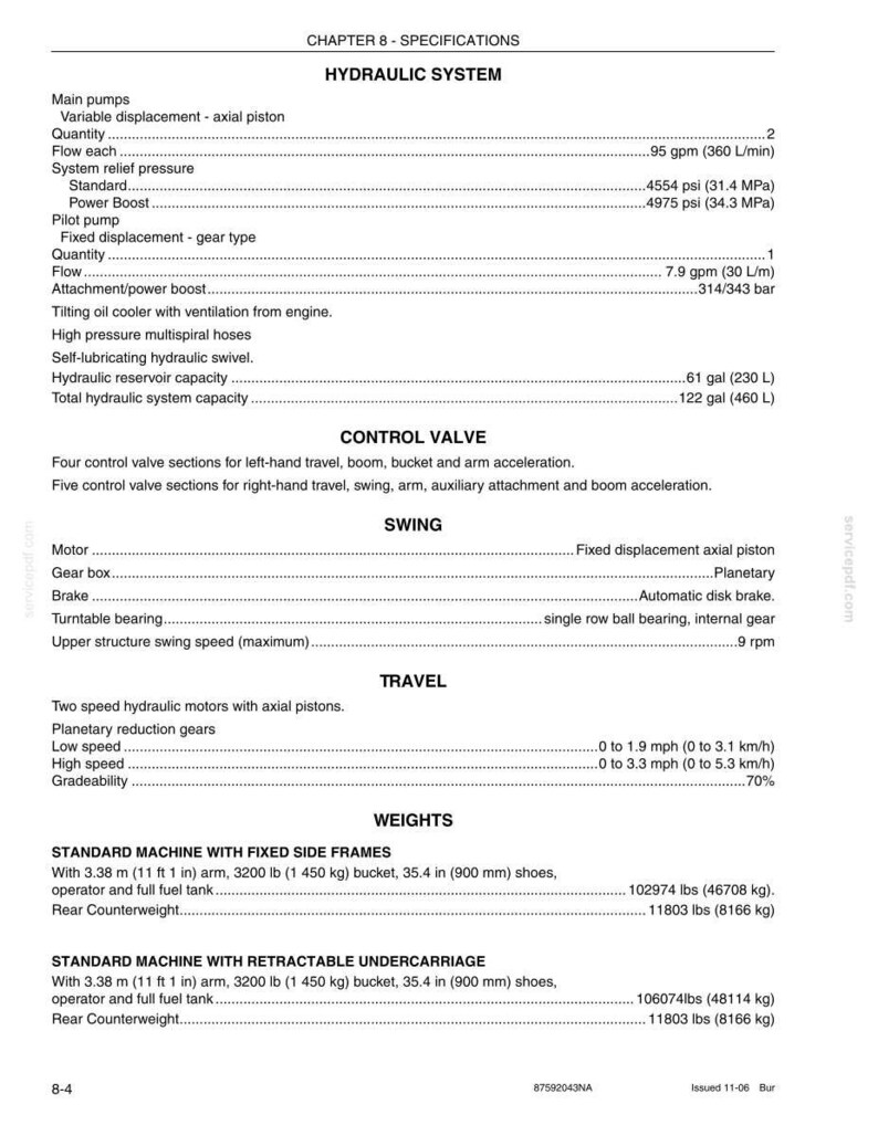 May include: A detailed specification sheet for a hydraulic system, including information on main pumps, control valves, swing mechanisms, travel speeds, and weights. Measurements are provided in both imperial and metric units.