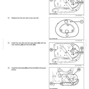 May include: A technical manual page titled CROP PROCESSING - PICKING Picking up, featuring black and white line drawings of mechanical parts labeled with numbers 1, 21, 22, 24, and 25, detailing steps 13 through 16 for installing a cam and side plate.