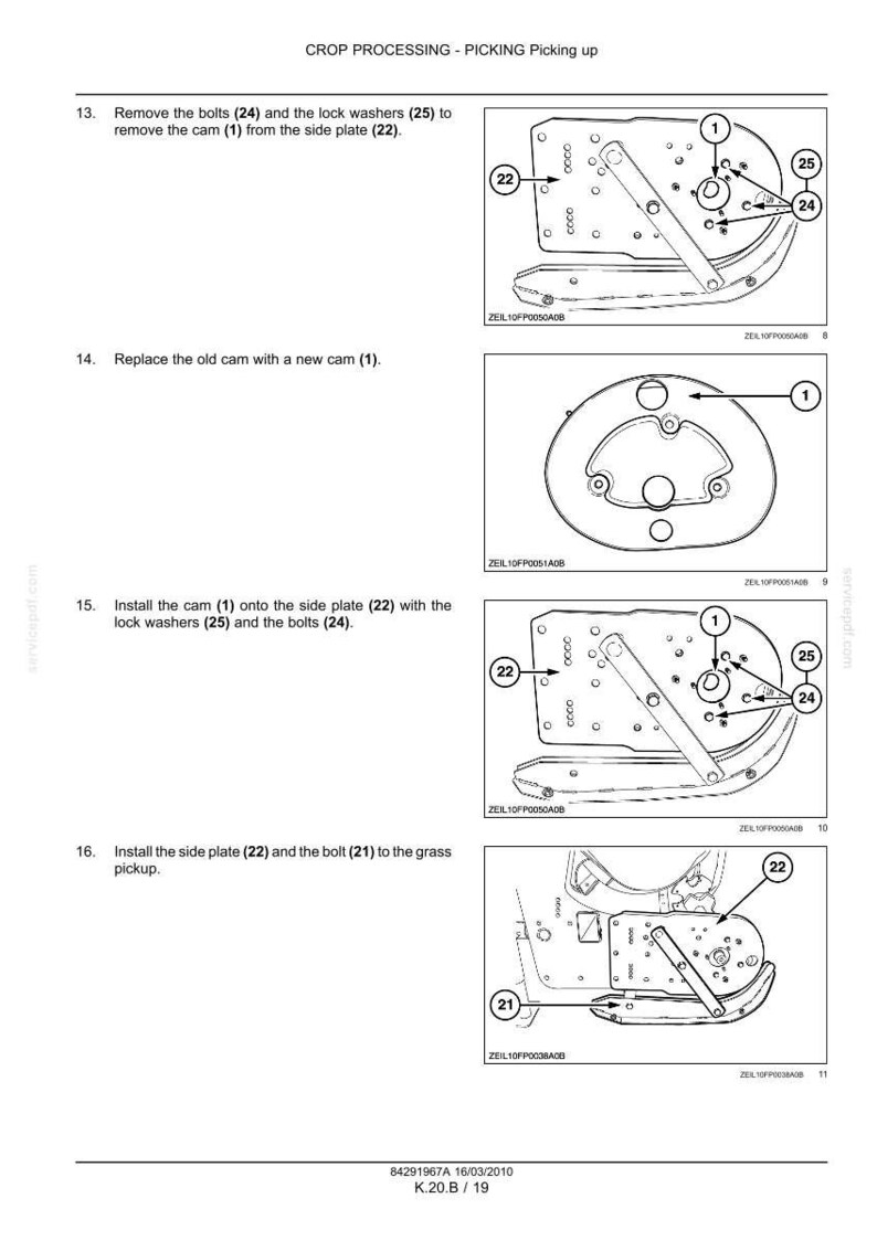 May include: A technical manual page titled CROP PROCESSING - PICKING Picking up, featuring black and white line drawings of mechanical parts labeled with numbers 1, 21, 22, 24, and 25, detailing steps 13 through 16 for installing a cam and side plate.