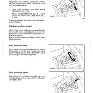 May include: Diagram of a car's multi-function lever, illustrating the direction indicator stalk, high beam/low beam selector, front windscreen wiper, and washer functions. Includes text and diagrams for each function.